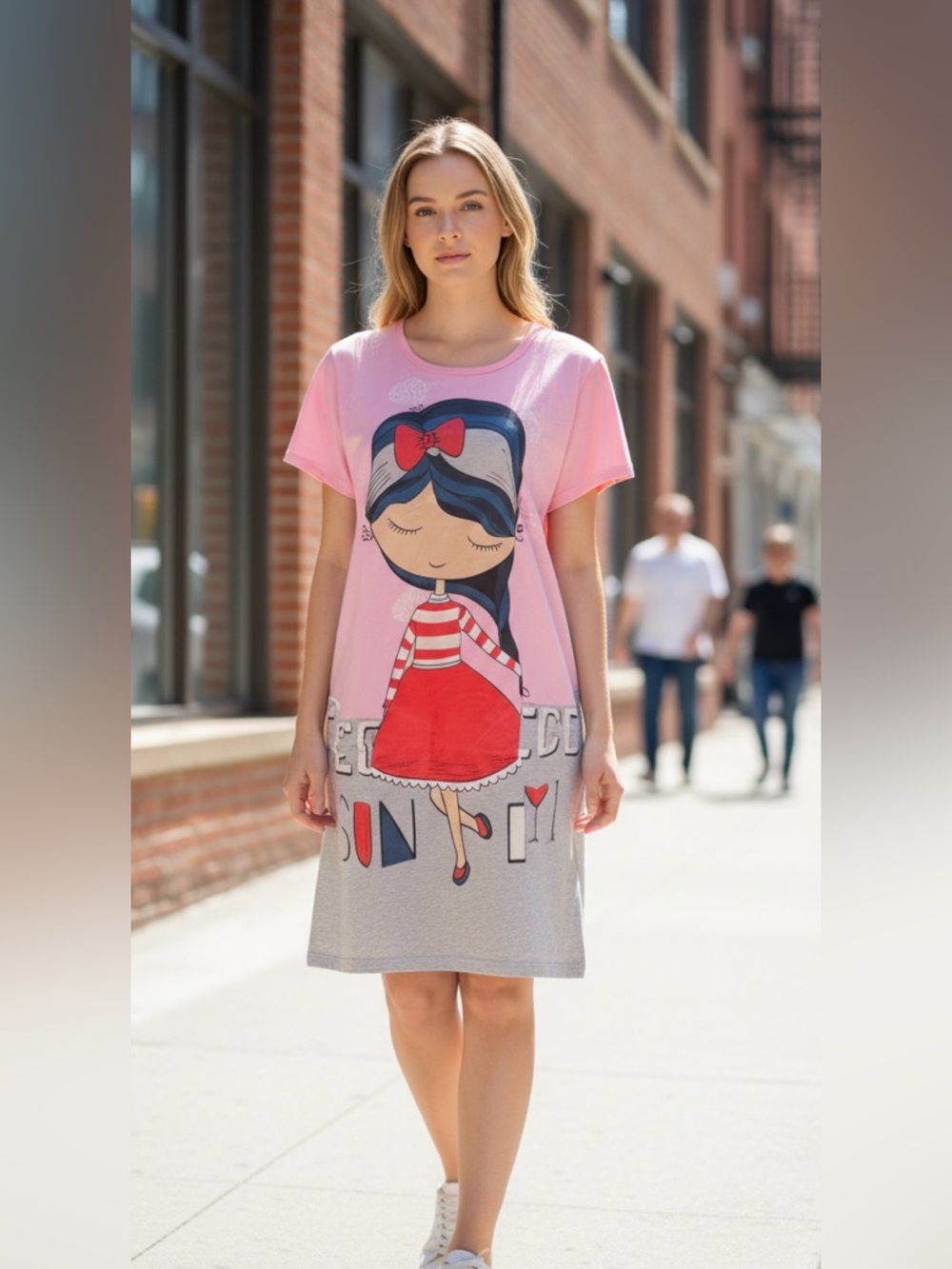 Women’s oversized pijama dress in Pink & Gray with Red Accents